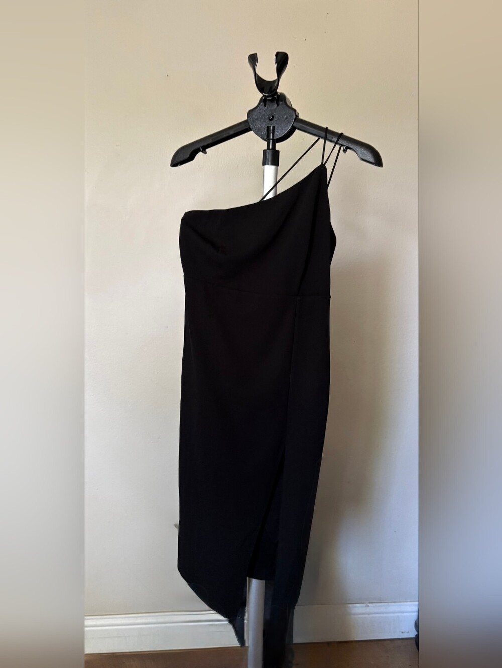 Fashion Nova Black One-Shoulder Midi Dress with Double Strap Detail